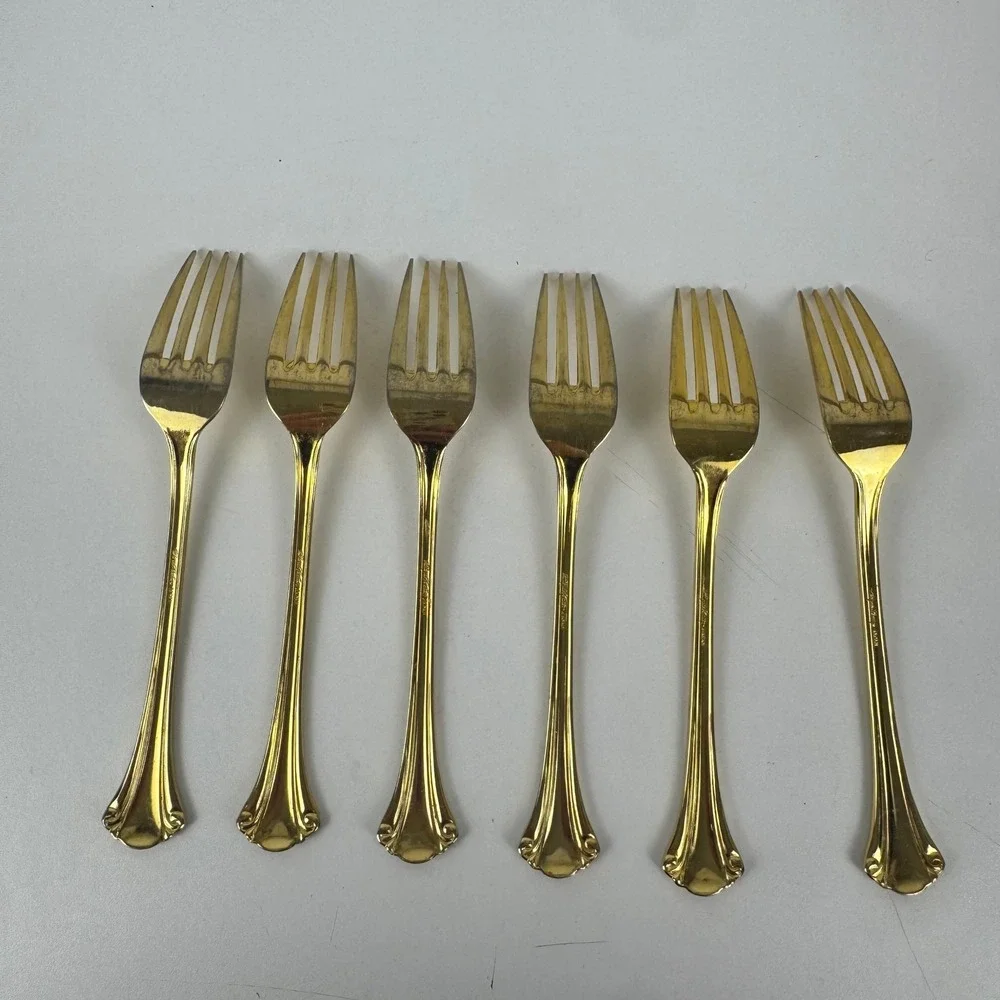 Vtg‎ Royal Gallery Gold Tone Dinner Forks Set 6 Japan Flared Scroll Handle
